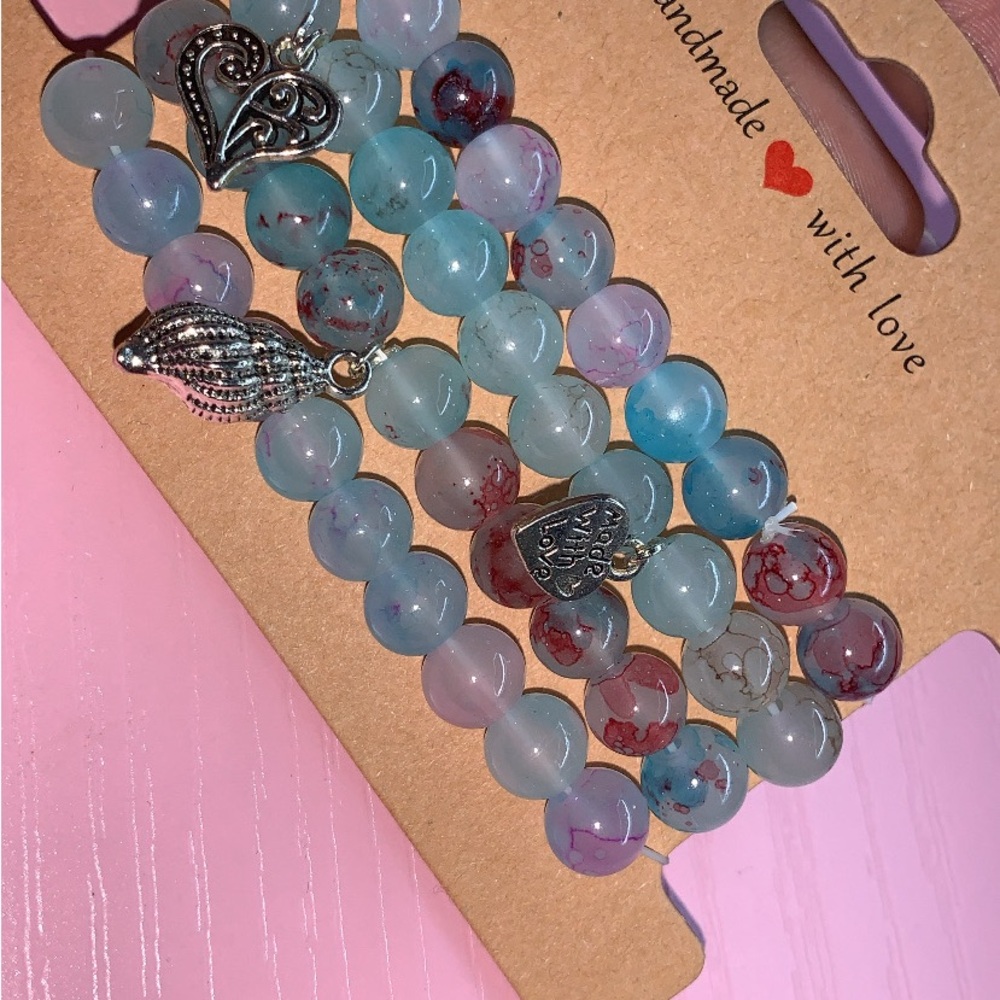 Handmade Blue and Silver Beaded Bracelet Set